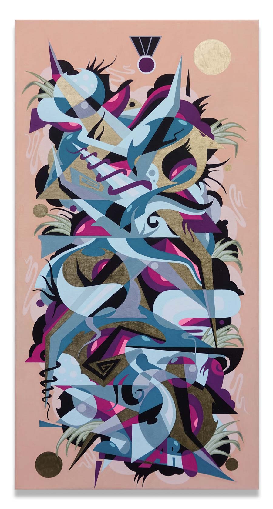 Dynamisches-abstraktes-Kunstwerk-mit-geometrischen-Formen-in-Apricot,-Pink,-Goldt-und-Türkis–-ideal-für-moderne-Raumgestaltung.