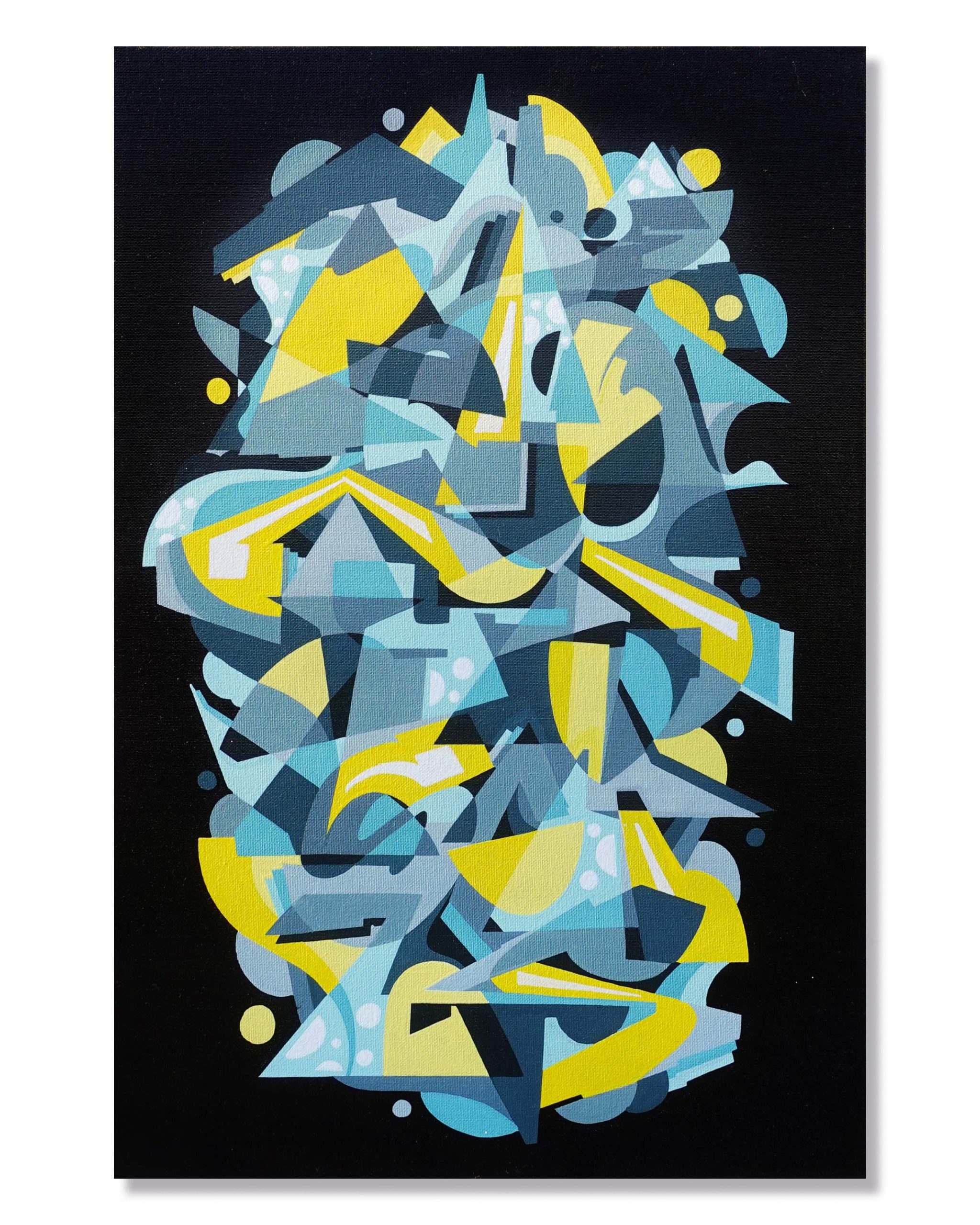 Dynamisches-abstraktes-Kunstwerk-mit-geometrischen-Formen-in-Gelb,-Türkis-und-Schwarz-–-ideal-für-moderne-Raumgestaltung
