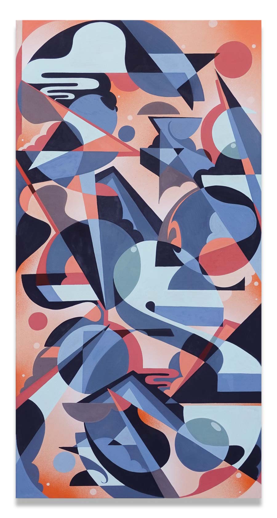 Dynamisches-abstraktes-Kunstwerk-mit-geometrischen-Formen-in-Graublau,-Orange,-Apricot-und-Dunkelblau–-ideal-für-moderne-Raumgestaltung.