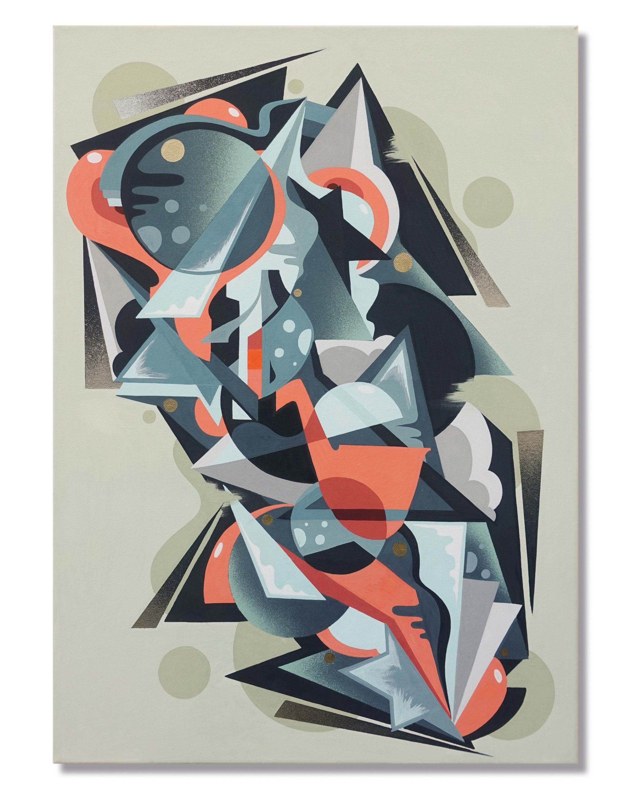Dynamisches-abstraktes-Kunstwerk-mit-geometrischen-Formen-in-Grün,-Türkis-und-Orange-–-ideal-für-moderne-Raumgestaltung