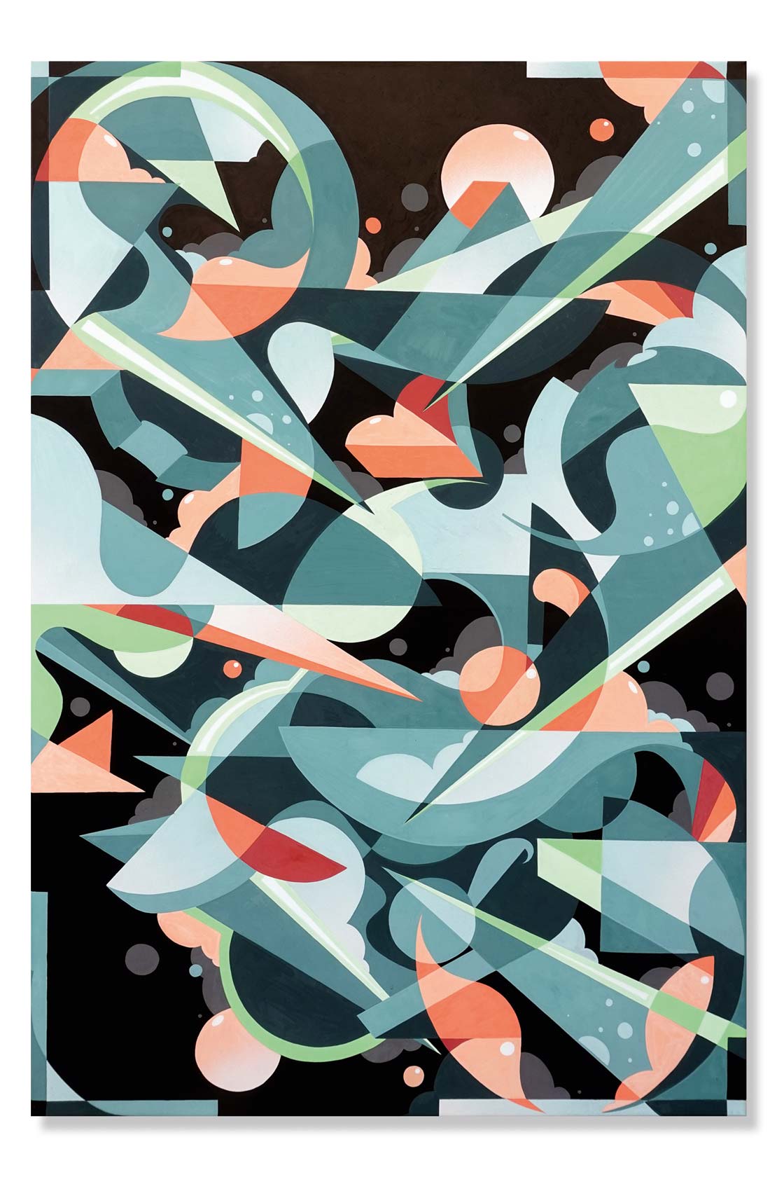 Dynamisches-abstraktes-Kunstwerk-mit-geometrischen-Formen-in-Orange,-Türkis,-Grün-und-Schwarz-–-ideal-für-moderne-Raumgestaltung.