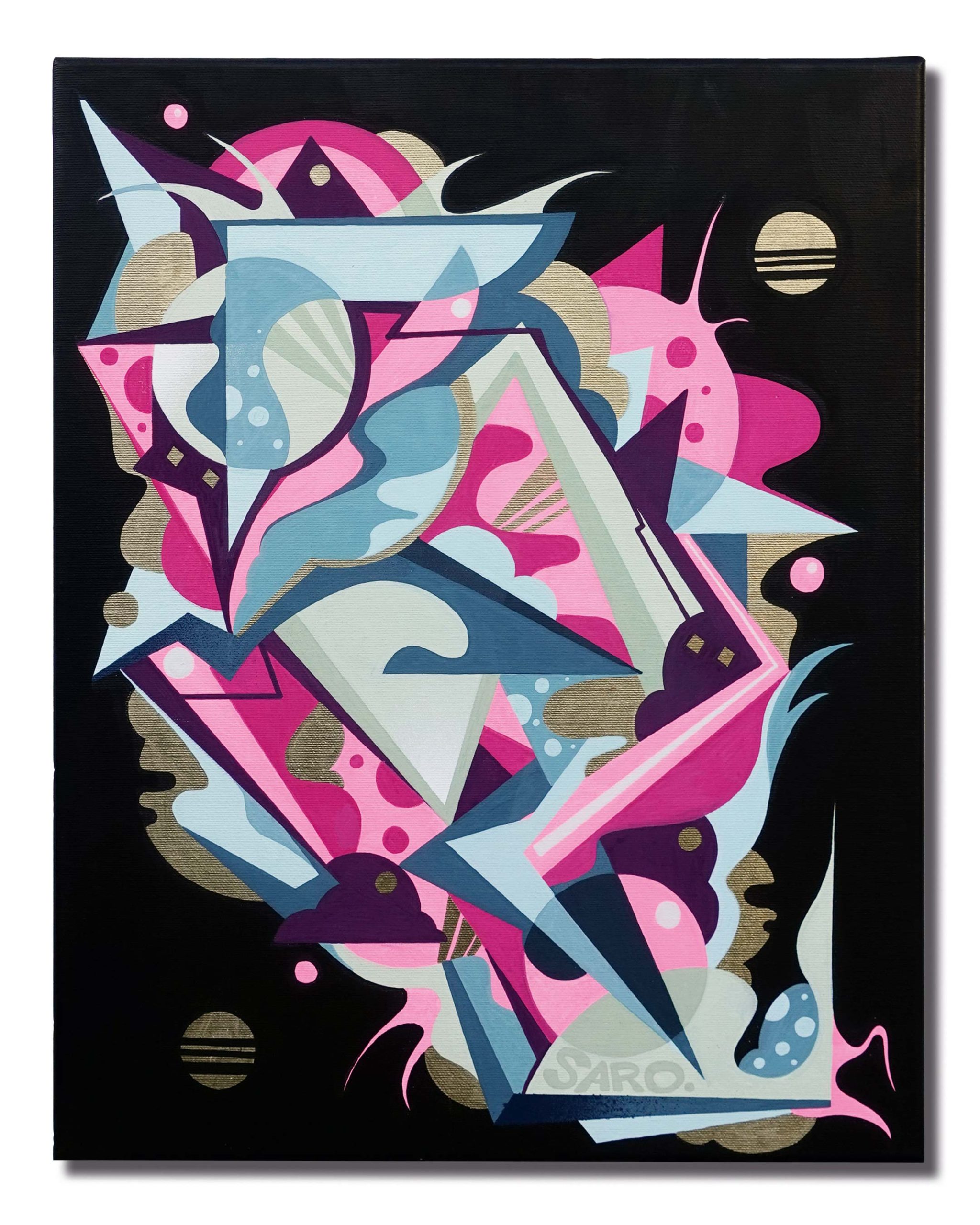 Dynamisches-abstraktes-Kunstwerk-mit-geometrischen-Formen-in-Pink,-Grün,-Schwarz,-Gold-und-Türkis