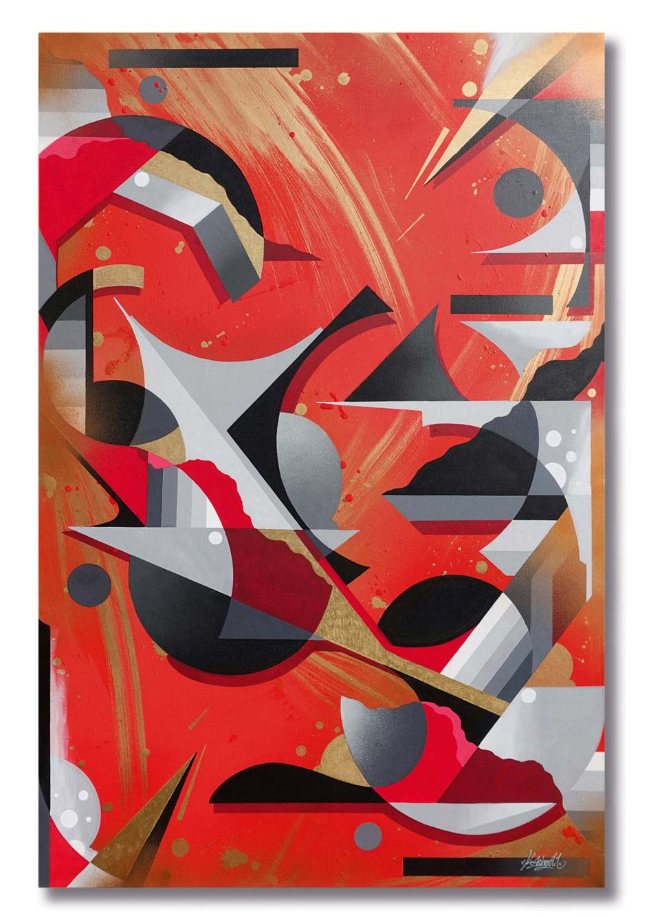 Dynamisches-abstraktes-Kunstwerk-mit-geometrischen-Formen-in-Rot,-Grau,-Schwarz-und-Gold-–-ideal-für-moderne-Raumgestaltung