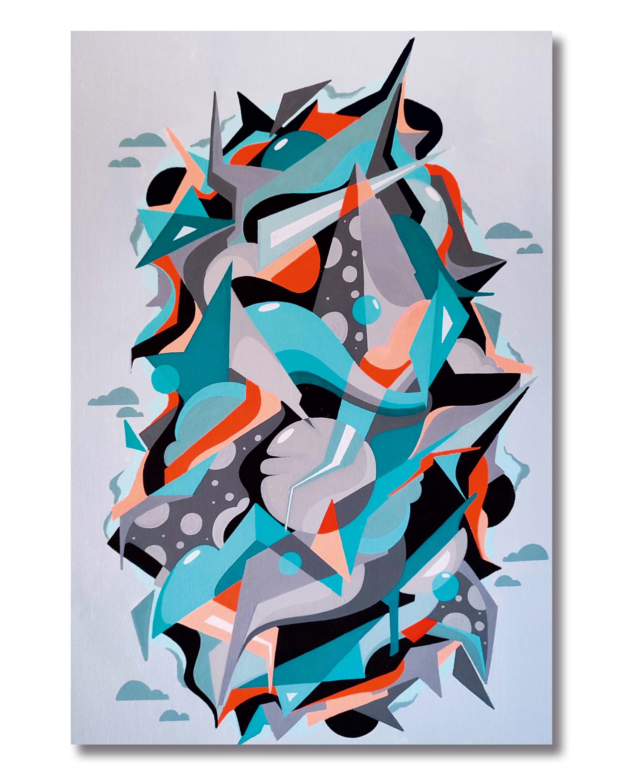 Dynamisches-abstraktes-Kunstwerk-mit-geometrischen-Formen-in-Türkis,-Grau-und-Orange-–-ideal-für-moderne-Raumgestaltung