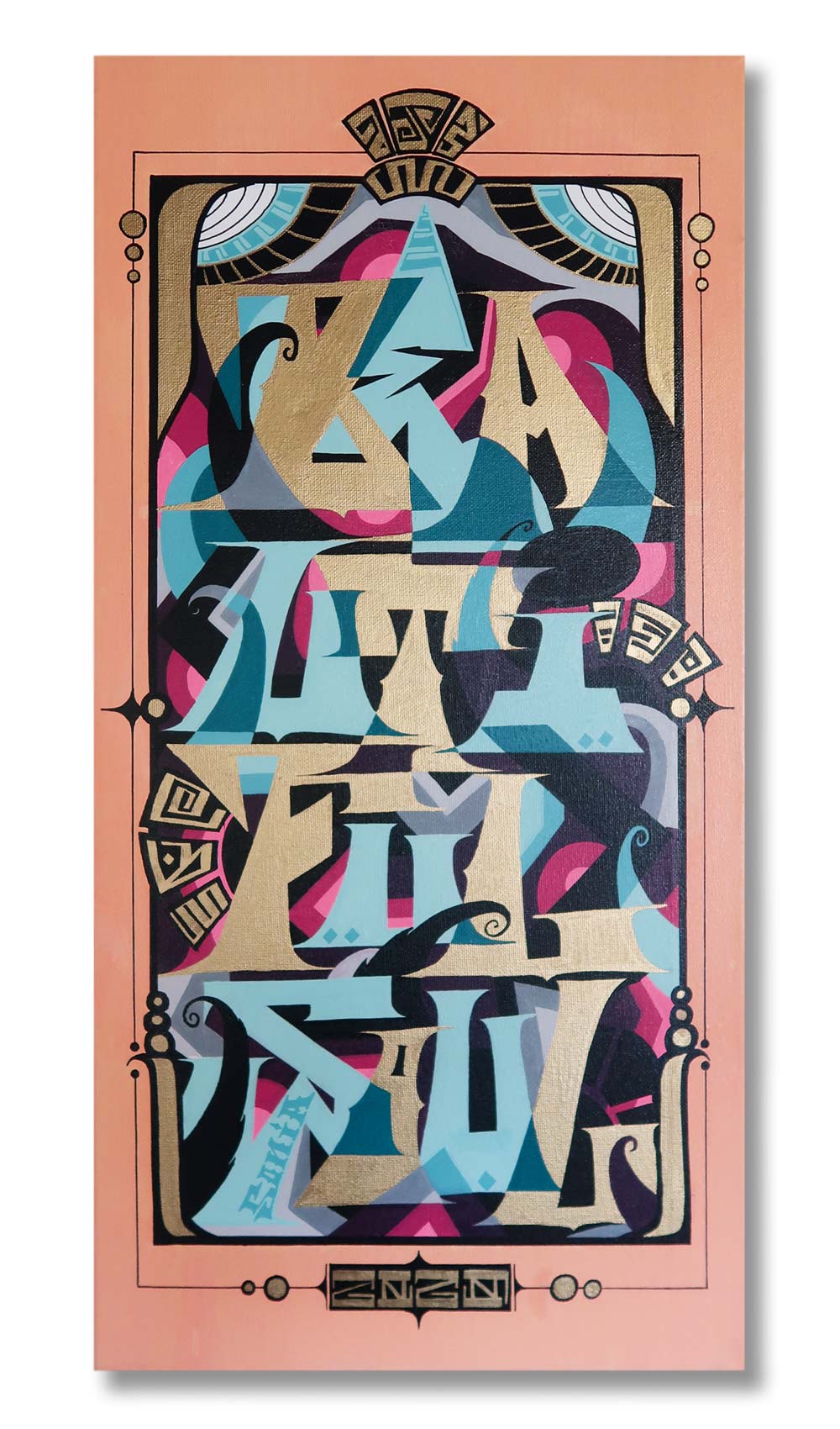 Dynamisches-abstraktes-Kunstwerk-mit-geometrischen-Formen-und-ägyptischen-Einfluss-in-Apricot,-Türkis,-Pink-und-Schwarz-–-ideal-für-moderne-