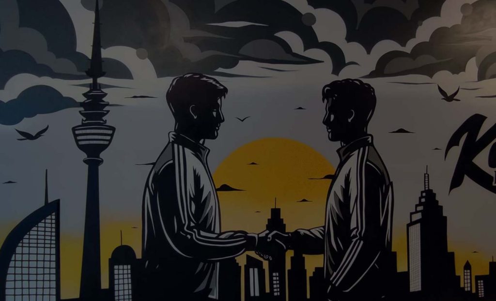 Graffiti-Wandgemälde mit zwei Männern, die sich die Hand reichen, vor einer Skyline mit Bremerhavener Gebäuden, stürmischen Wolken und einem gelben Sonnenuntergang.